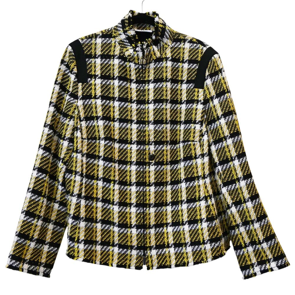 Akris Punto Yellow Black White Lurex Check Tweed Zip Jacket Size US 14